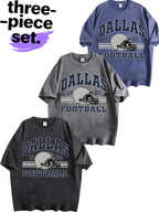 Retro Dallas Football Embroidered Mineral Washed T-shirt, Fashionable Dallas Fan Gift, Retro Western Cowboy T-shirt, Dallas Shirt Men's Top 3-Piece Set