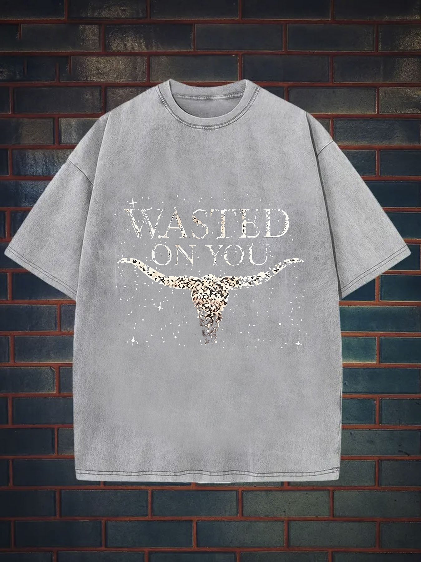 Men'S 230g Heavyweight Washed T-Shirt with Skull & Horns Graphic Print, Loose Fit Streetwear Style, Lavender Glitter Accent - Western Cowboy Design, All-Season Casual Outdoor & Casual Attire, Ideal Gift for Men (Durable 230gsm Fabric)