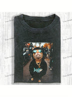 Men's Casual Retro Washed 230G 100% Cotton Black Short Sleeve with Cool Cat Breathable Sweat-Absorbing Comfortable Top Suitable for All Seasons Machine Washable Perfect Gift for Friends on Holidays
