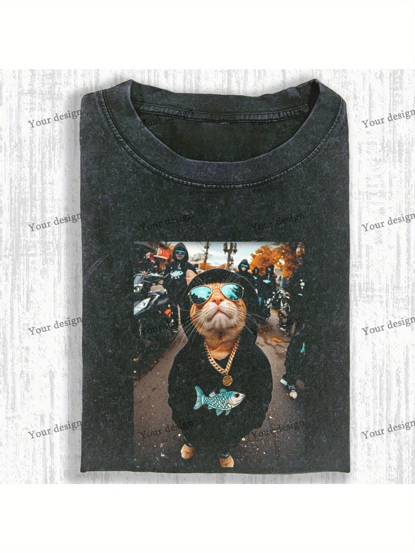 Men's Casual Retro Washed 230G 100% Cotton Black Short Sleeve with Cool Cat Breathable Sweat-Absorbing Comfortable Top Suitable for All Seasons Machine Washable Perfect Gift for Friends on Holidays