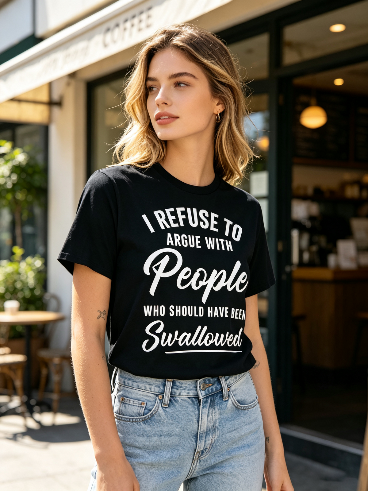 Women's Black Oversized Cotton Short-Sleeve T-Shirt – "I REFUSE TO ARGUE" (Witty Slogan Print / American-Style Humorous Text / Casual Style)