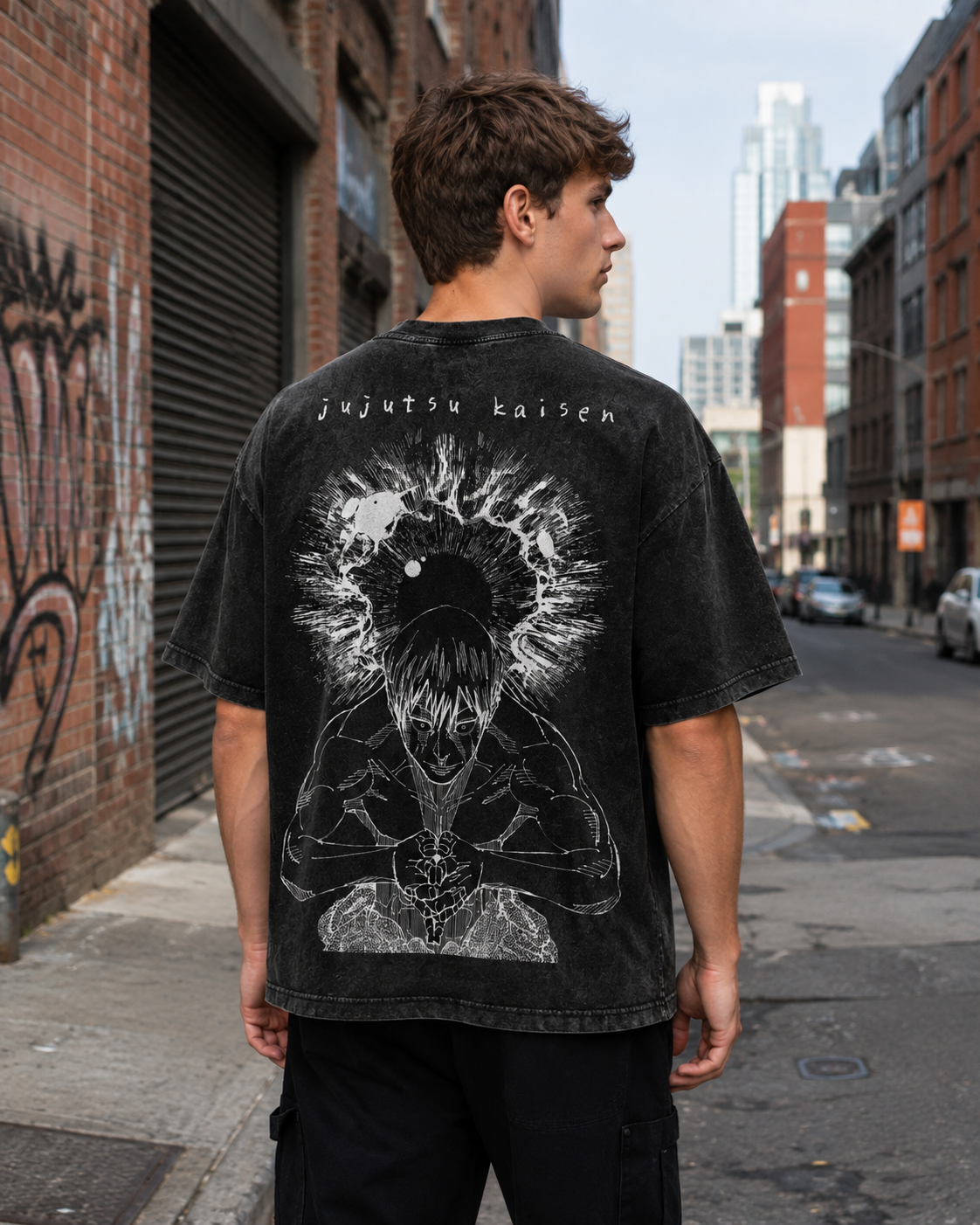 Vintage-Wash Short-Sleeve T-Shirt | *Jujutsu Kaisen* Naoya Line-Art Manga Double-Sided Print (Oversized/Unisex)