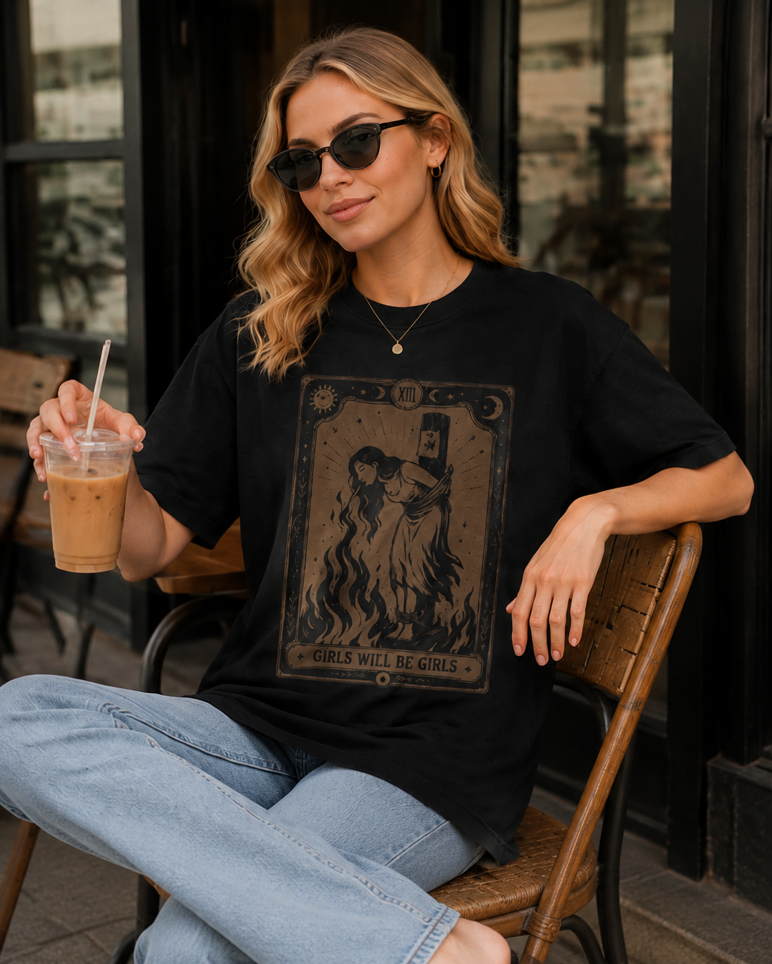 Women's Oversized Cotton T-Shirt – Dark Tarot Vintage-Style Print (Subculture/Edgy Style)