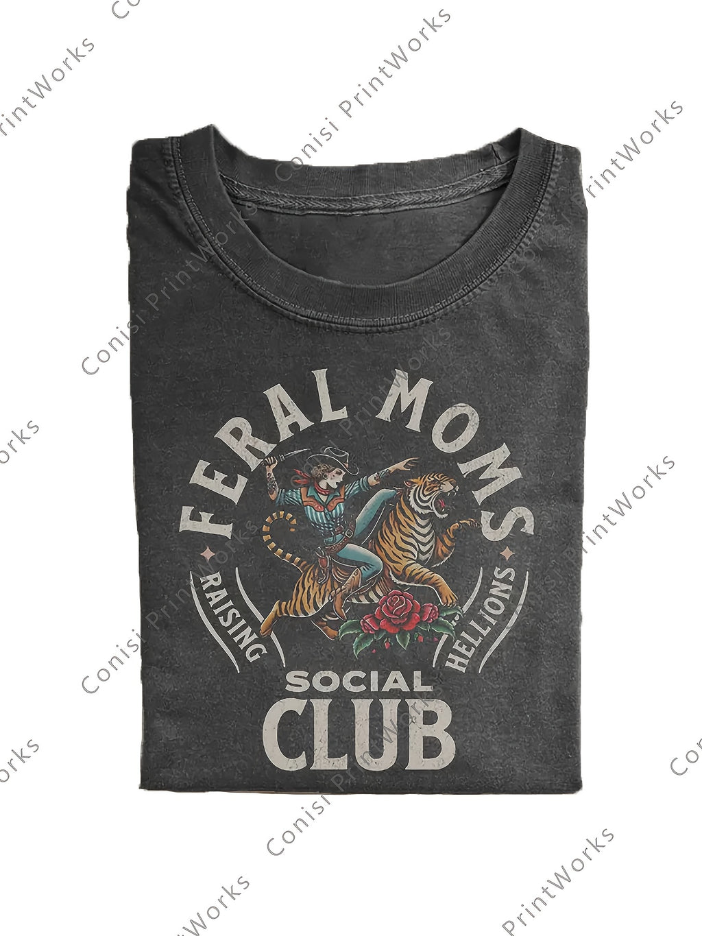 Men'S Heavyweight 230gsm Vintage Western Graphic T-Shirt - Feral Moms & Social Club Design with Cowboy & Print, Easter Limited Edition Washed Denim Texture, All-Season Casual Round Neck Tee for Men, Retro Statement Shirt