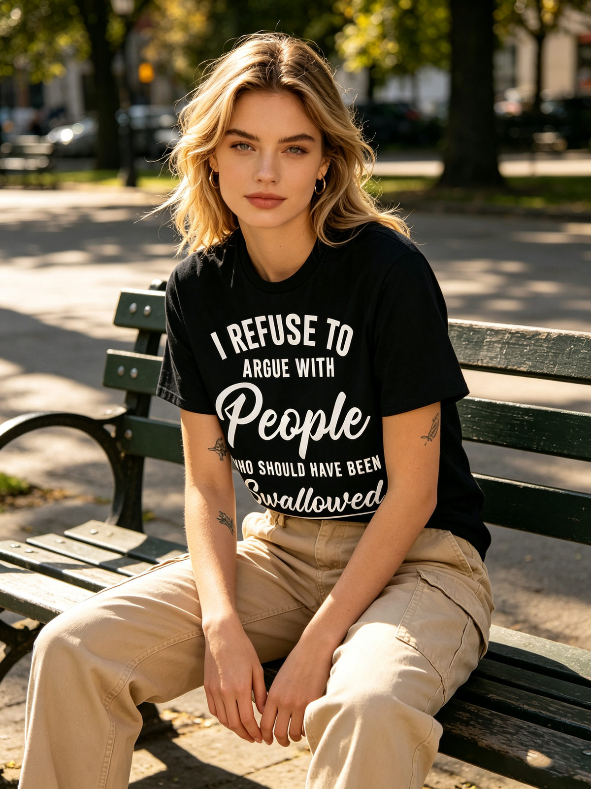 Women's Black Oversized Cotton Short-Sleeve T-Shirt – "I REFUSE TO ARGUE" (Witty Slogan Print / American-Style Humorous Text / Casual Style)