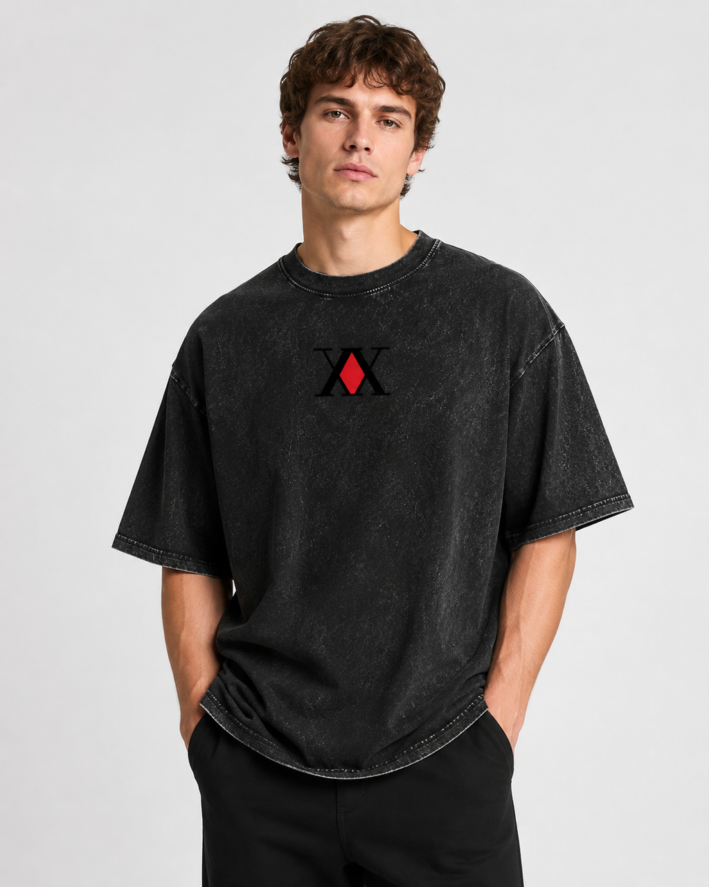 Vintage-Wash Short-Sleeve T-Shirt | *Hunter x Hunter* Hisoka Double-Sided Dark Split-Portrait Oversized High-Street Unisex Tee