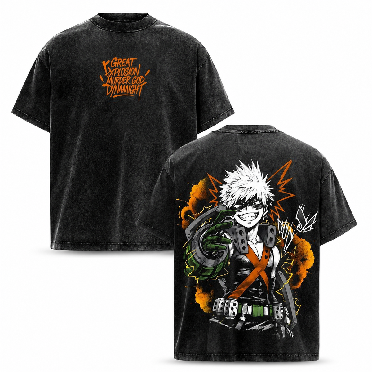 American-style acid-washed distressed Katsuki Bakugo anime print short-sleeved T-shirt, heavyweight retro wash, oversized, loose fit, unisex.