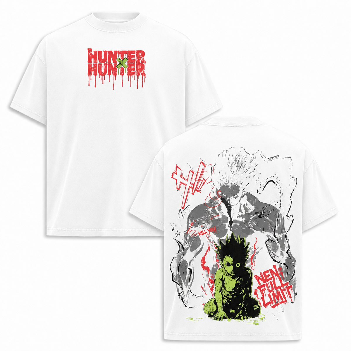 Hunter x Hunter Gon's Darkened Form: Double-sided Printed Washed Distressed Short-Sleeve T-Shirt, American Heavyweight Pure Cotton, Oversized Retro Anime Trendy T-Shirt