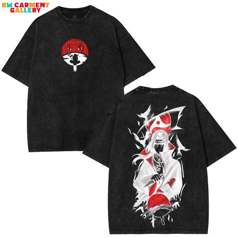 Uchiha Itachi Oversized Y2K Vintage Washed Cotton T-Shirt, Naruto Anime Double-Sided Printed Graphic Tee, Retro Casual Unisex Oversize Anime Manga Acid Wash Streetwear, Otaku Top Fit, Gift For Anime Fan Manga Lover