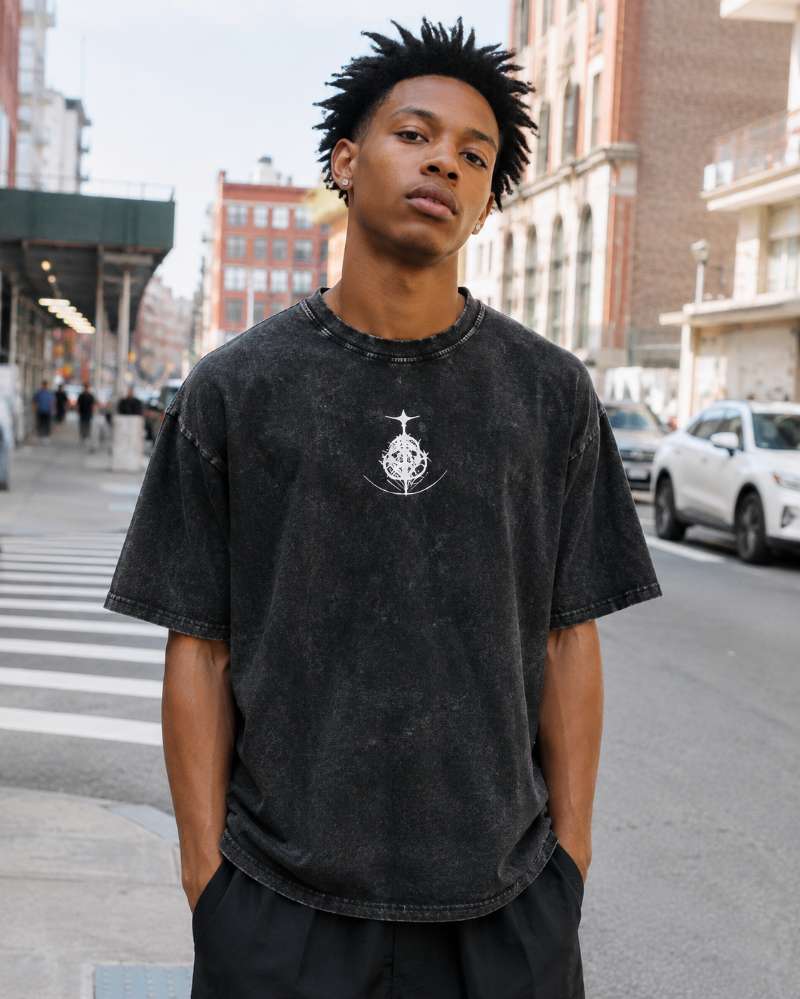 Vintage-Washed Short-Sleeve T-Shirt | Elden Ring: Maliketh, the Black Blade (Double-Sided Graphic Print) – Unisex Oversized Fit
