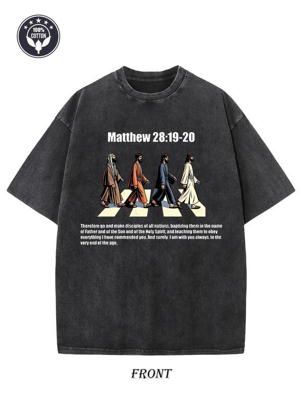 Vintage Christian Pattern T-Shirt- Matthew 28:19-20 Bible Verse with Abel Design, Heavy 230g washed Cotton, Loose Hip-Hop Style Unisex Streetwear, Breathable Washed Casual Top| Vintage Style Shirt| Durable and wear-resistant