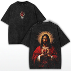 Vintage-Wash Short-Sleeve T-Shirt | Oversized Unisex Fit with Double-Sided Sacred Heart of Jesus Religious Oil Painting-Style Print