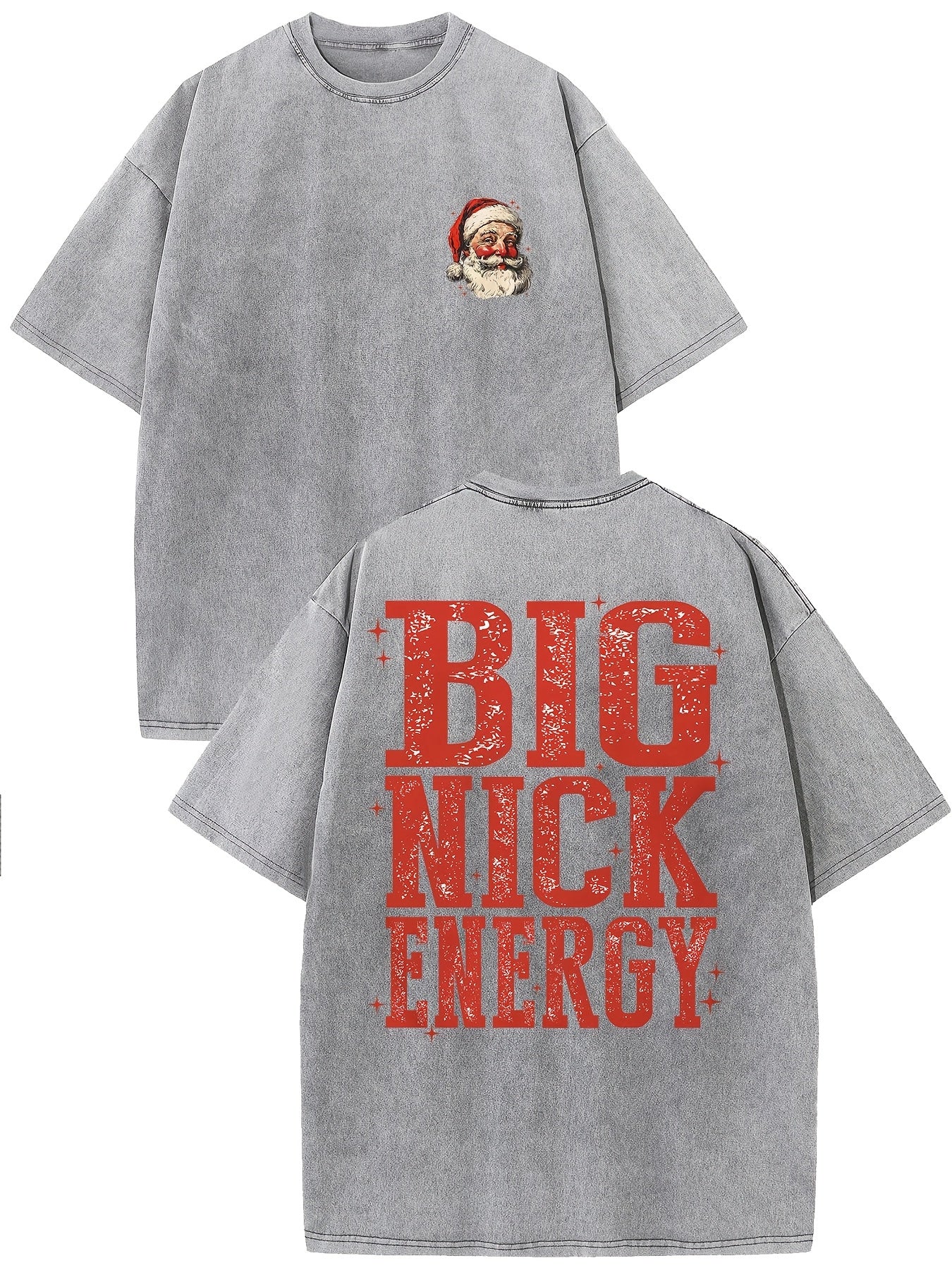 Men'S Vintage Washed Heavyweight T-Shirt - Big Nick Energy Retro Graphic Print with Santa Hat & Red Lettering, Oversized Relaxed Fit, All-Season Casual Round Neck Short Sleeve Tee for Christmas & Casual Attire