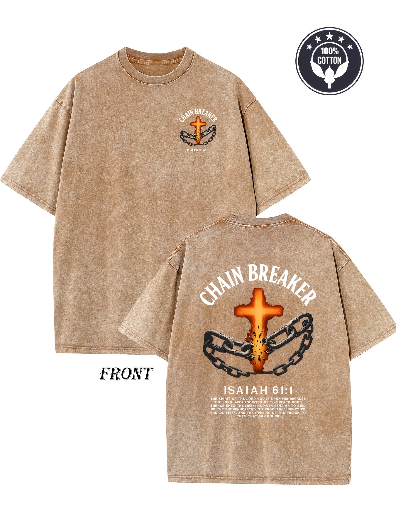 Heavyweight 250g vintage washed cotton T-shirt - featuring a chain breaker Christian faith pattern, printed with Isaiah 58:1 Bible verse double-sided print, drop shoulder loose fit, unisex streetwear, casual church attire and daily wear, hip-hop style, du