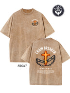 Heavyweight 250g vintage washed cotton T-shirt - featuring a chain breaker Christian faith pattern, printed with Isaiah 58:1 Bible verse double-sided print, drop shoulder loose fit, unisex streetwear, casual church attire and daily wear, hip-hop style, du