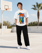 Hand-painted, colorful clown print, distressed wash, American heavyweight pure cotton, oversized, fun, retro, dopamine-inducing unisex T-shirt.