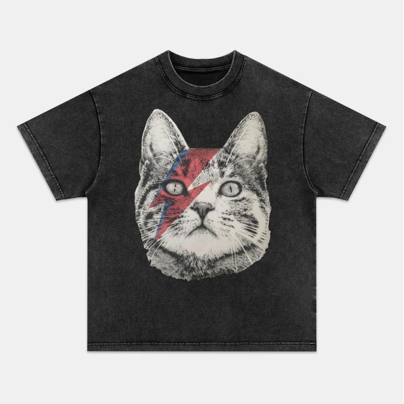 Retro Street Style & David Bowie Cat Washed Crew Neck T-Shirt,Unisex Fashion Graphic Tee,Streetwear Clothing,Trendy Outfit FO400913