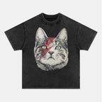 Retro Street Style & David Bowie Cat Washed Crew Neck T-Shirt,Unisex Fashion Graphic Tee,Streetwear Clothing,Trendy Outfit FO400913