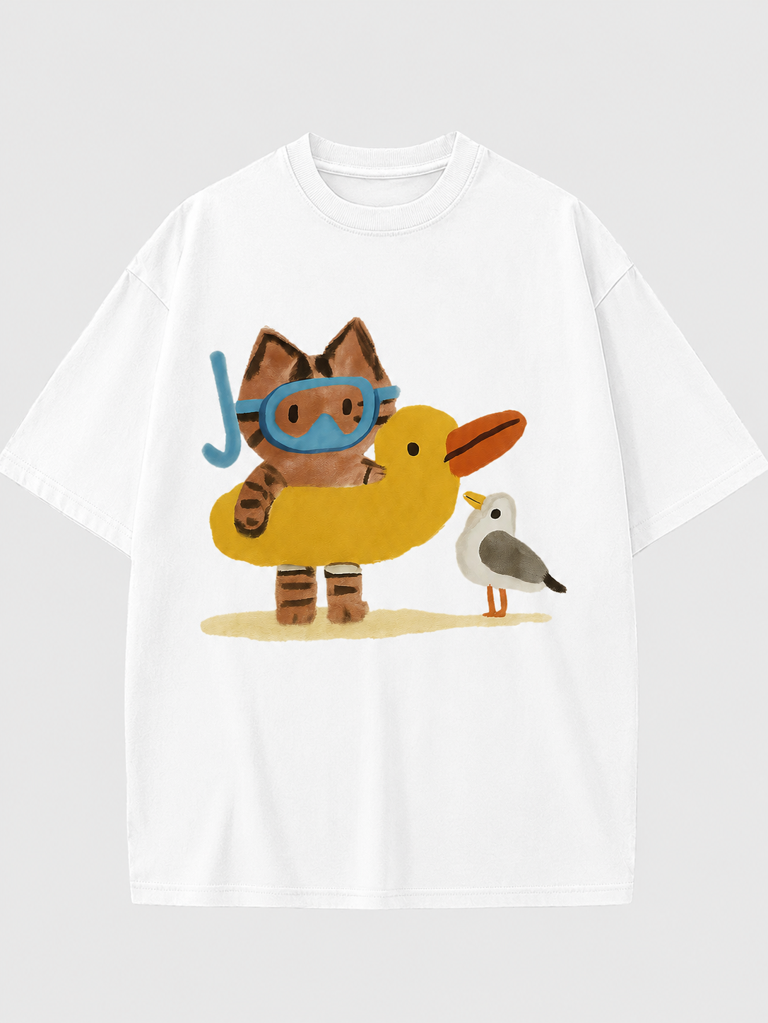 Vintage-Wash Short-Sleeve T-Shirt | Cartoon Print (Beach, Diving Kitten, Yellow Duck Swim Ring, Seagull) | American-Style Oversized Unisex Fit