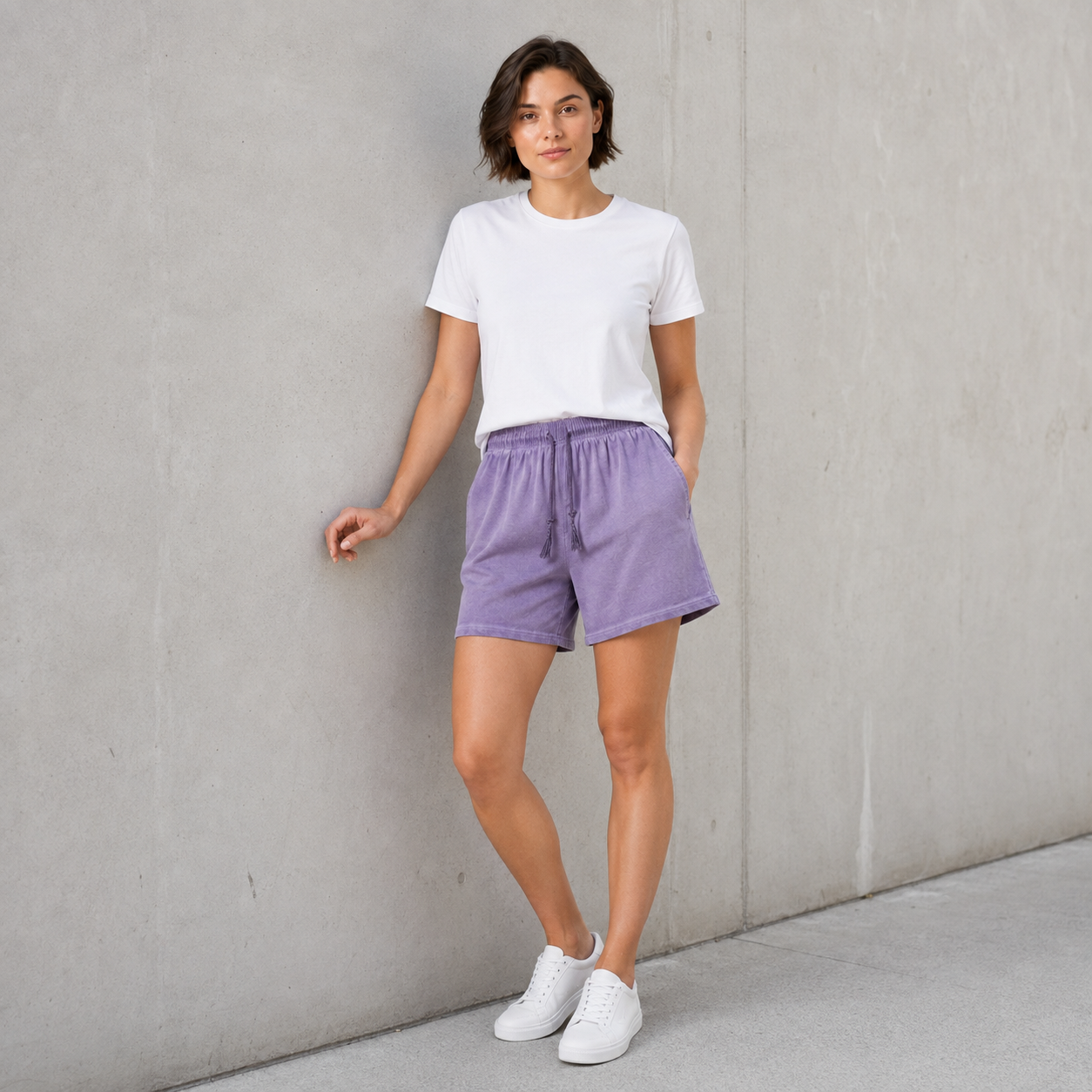 American vintage-style "dirty wash" shorts; distressed, faded, cotton-feel athletic shorts; versatile, casual unisex style.