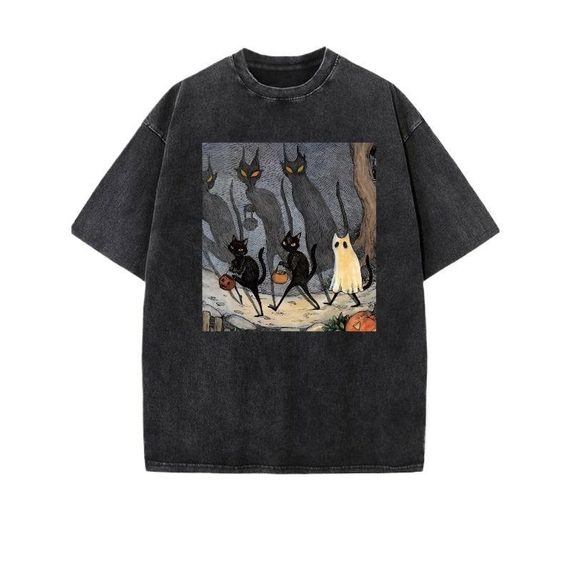 Ghost Cat and Jack Lantern Funny Tshirt Vintage Washed Cotton Casual T-Shirt Y2K Style American Street Style Men Gifts Menswear Top