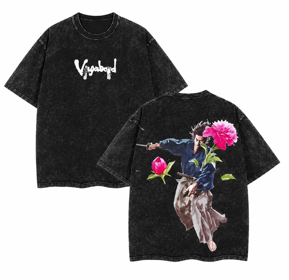 Vintage-Wash Short-Sleeve T-Shirt | "Vagabond" Samurai & Peony Double-Sided Art Print | Unisex Oversized Fit