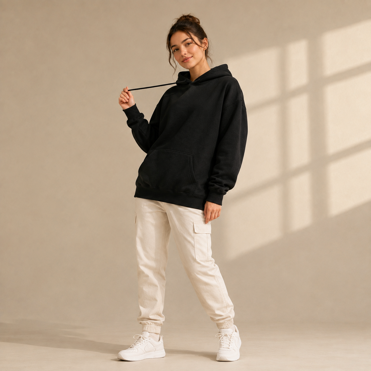 Unisex heavyweight hooded sweatshirt; breathable cotton blend; casual top suitable for couples.