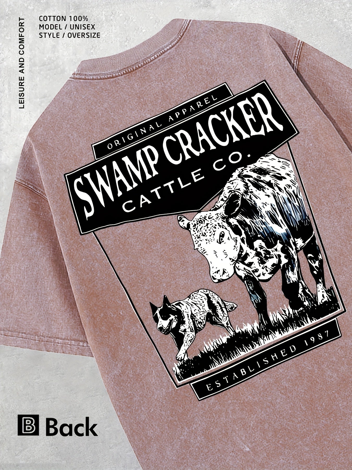 SWAMP CRACKER CATTLE CO Men's Vintage Western Ranch T-Shirt with Cow & Dog Livestock Design, Distressed 230g Washed Cotton Crew Neck Tee, Short Sleeve Casual Shirt for, Farmer, Rancher - All-Season Comfortable