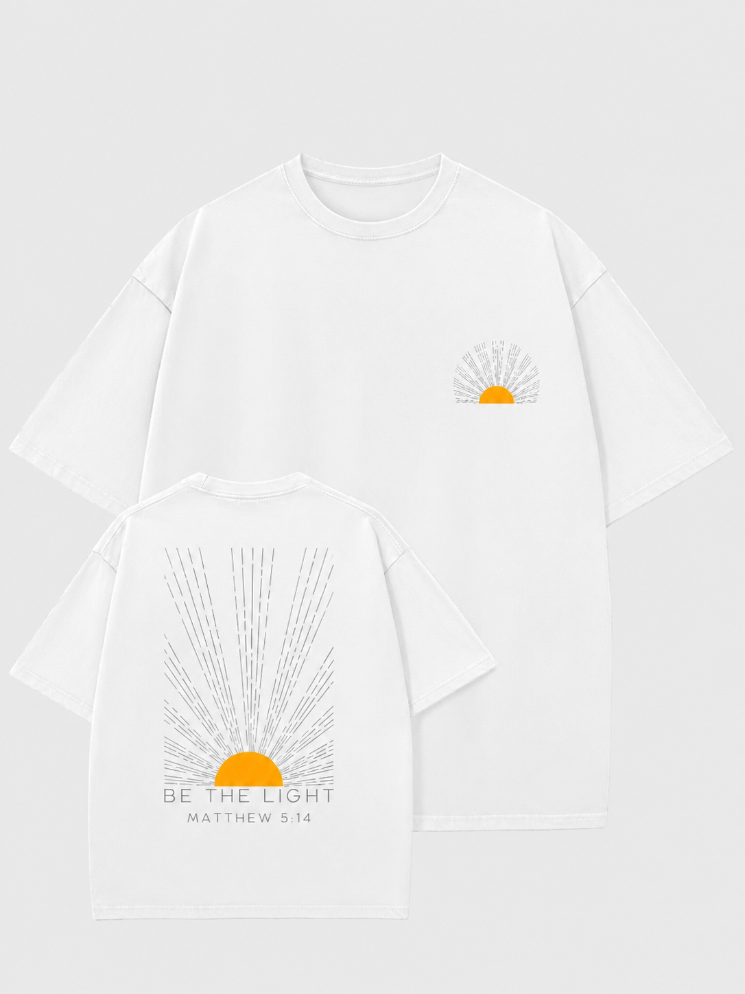 BE THE LIGHT Sunrise Ray Double-Sided Print Washed Distressed White T-Shirt, American Heavyweight Pure Cotton, Oversized, Simple, Healing, Religious Maxim, Retro Style, Unisex Short-Sleeve