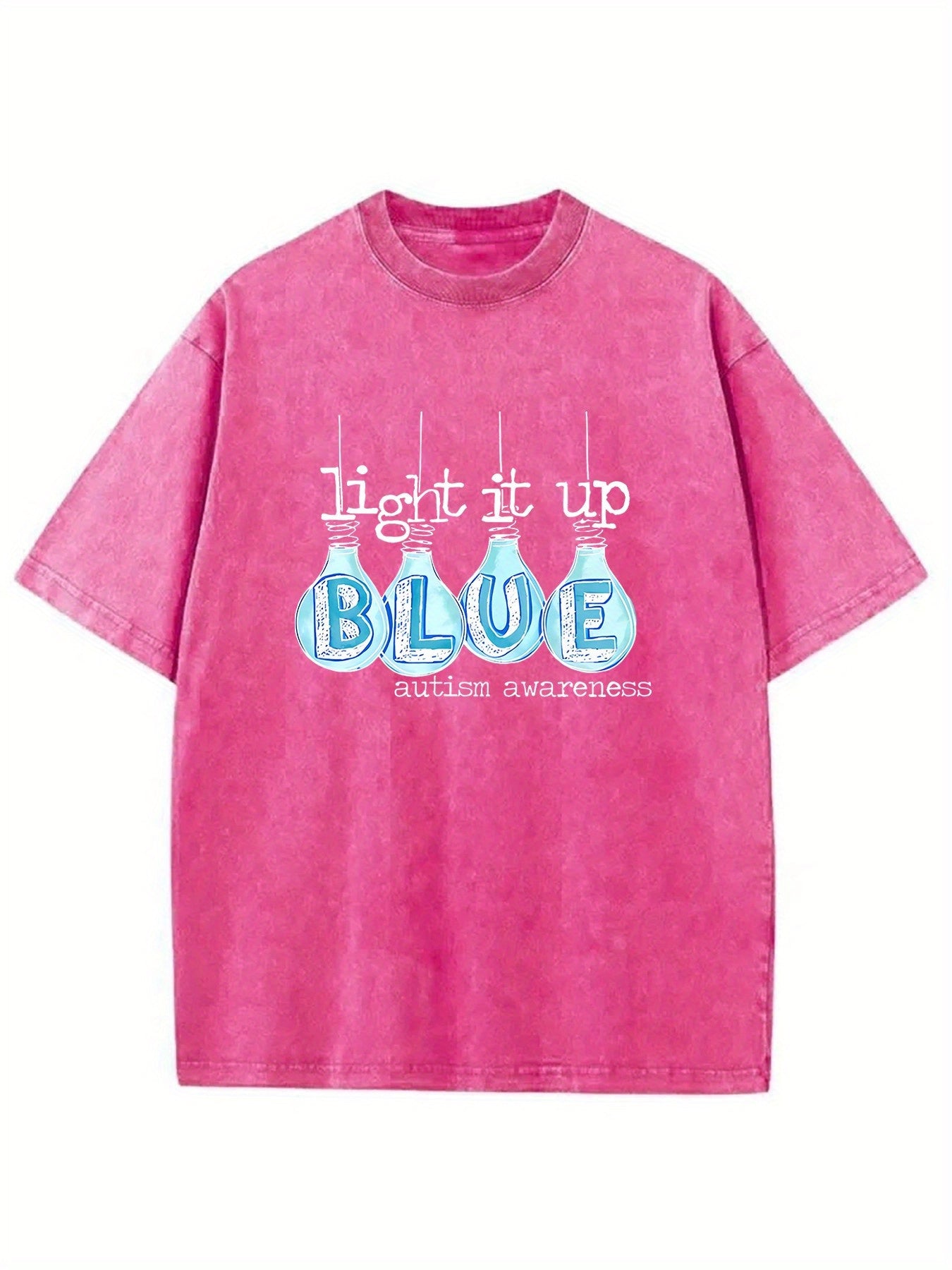 1pc Vintage Street Style Cotton T-Shirt- 230g Washed Fabric, "Light Up Blue" Hope and Friendship Pattern Print, Loose Fit Short Sleeve Round Neck Adult Top, All-Season Casual Wear& Holiday Gift