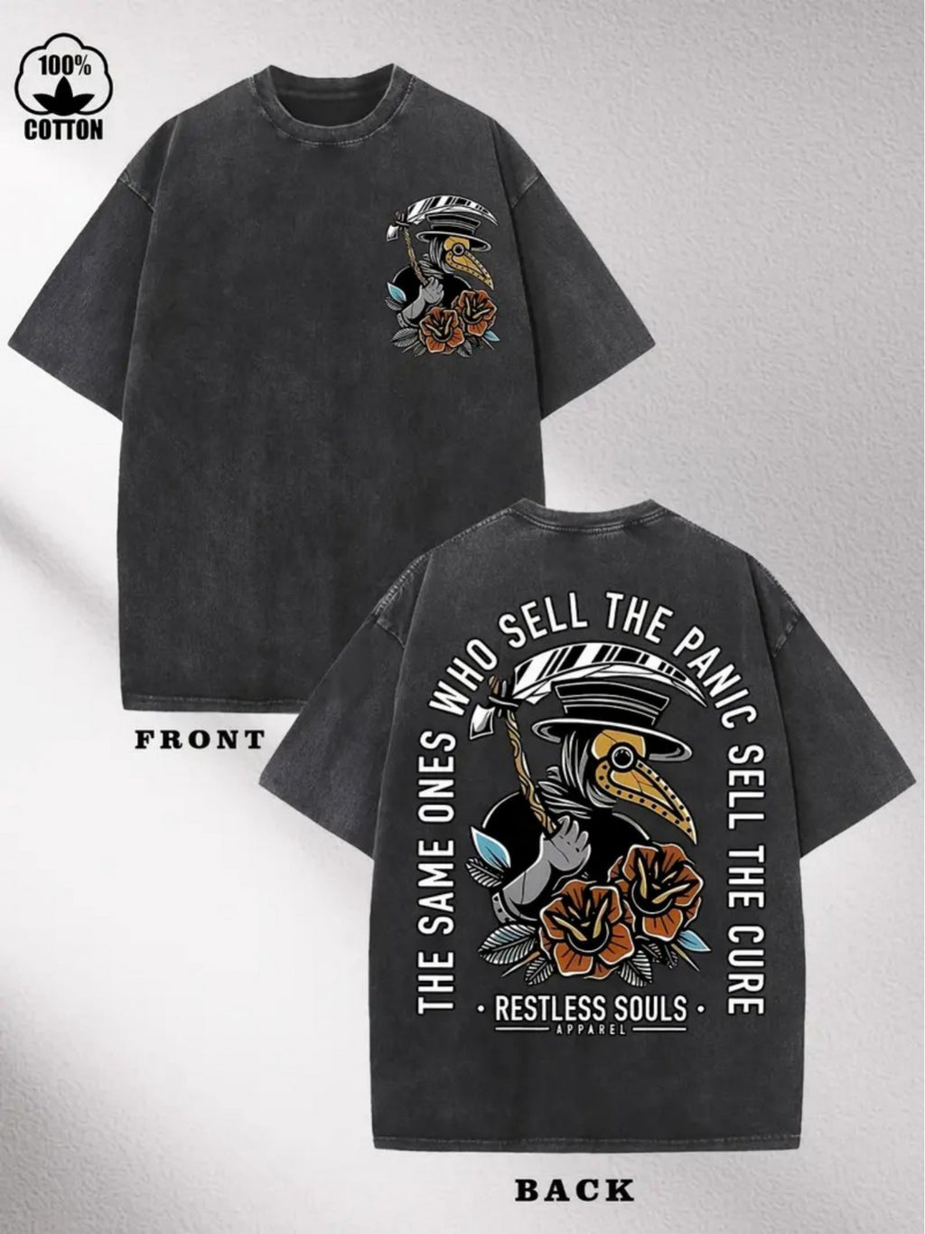 Men'S Vintage Washed T-Shirt with 'SellthePitch' Crow Print & "Who Sells the Panic" Slogan - 230gsm Heavyweight Short Sleeve Round Neck Casual Tee, Machine Washable All-Season Fit for Casual Attire, Music Events & Daily Outfits - Retro Graphic Top