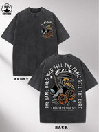 Men'S Vintage Washed T-Shirt with 'SellthePitch' Crow Print & "Who Sells the Panic" Slogan - 230gsm Heavyweight Short Sleeve Round Neck Casual Tee, Machine Washable All-Season Fit for Casual Attire, Music Events & Daily Outfits - Retro Graphic Top