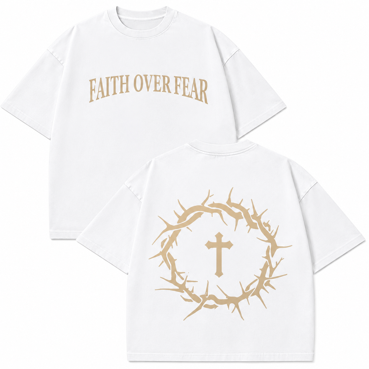 Vintage Stonewashed Faith Text Thorn Crown Cross Short-Sleeve Top, High Street Heavyweight Cotton Drop-Shoulder Religious Style Casual Short-Sleeve Top