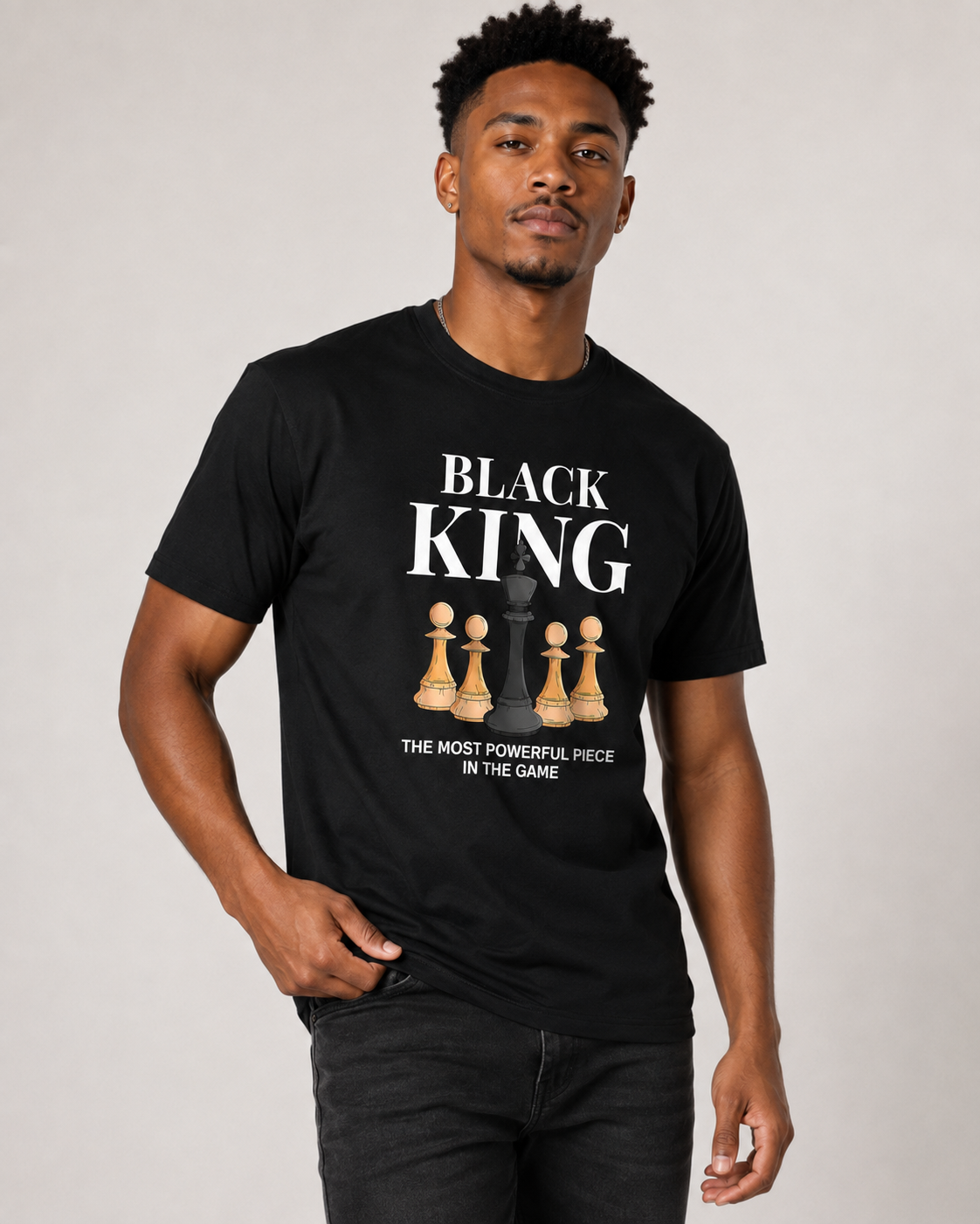 American Streetwear Style "Black King" Theme T-Shirt – Loose-Fit Casual Unisex Tee with Checkerboard & Chess Piece Print
