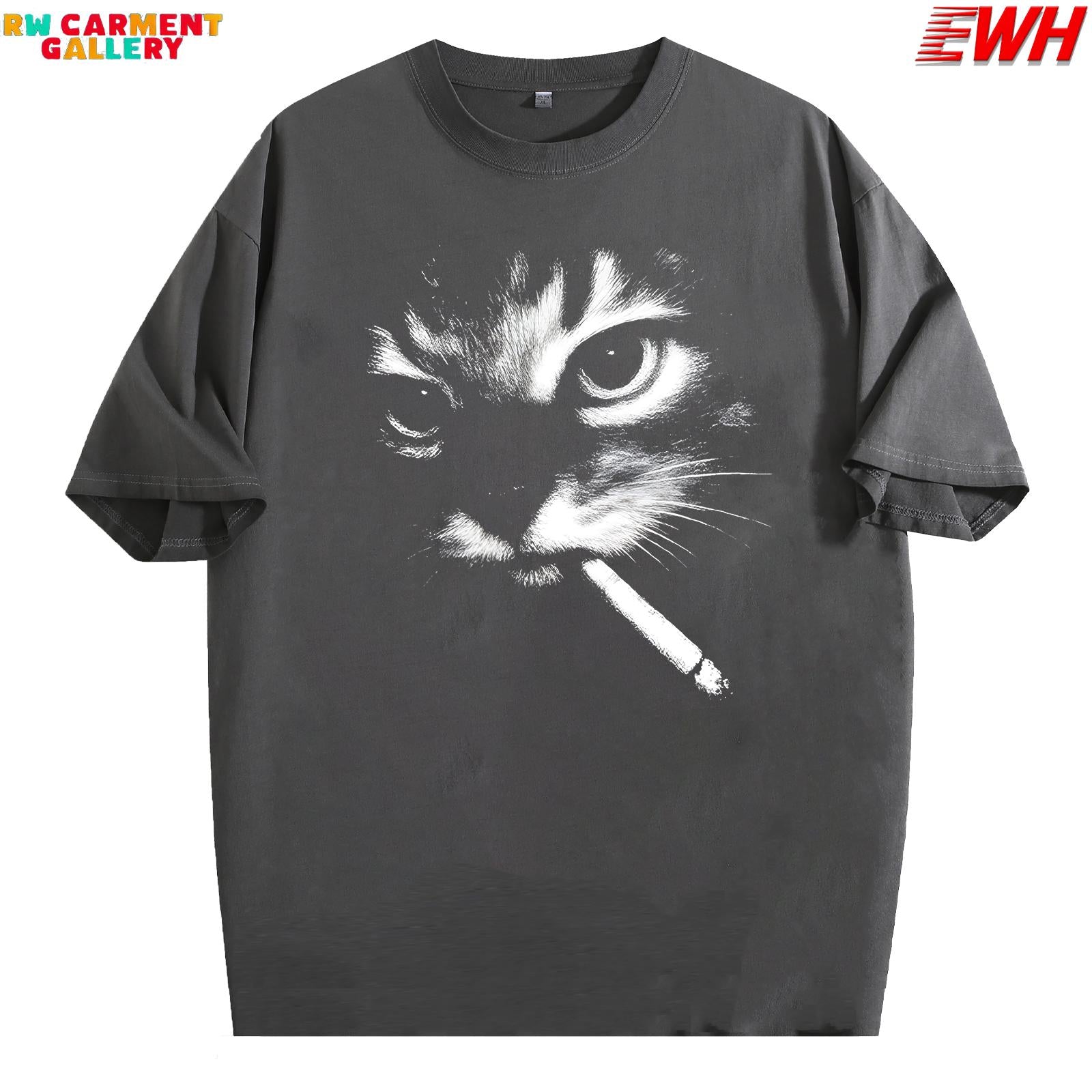Double-sided Print Men's Funny Smoking Cat Graphic T-Shirt 230g Heavyweight Cotton Vintage Washed Black Tee with Tabby Cat & Cigarette Print Streetwear Round Neck Short Sleeve Shirt for Men Ideal Gift for Smokers & Cat Lovers Distressed Festive