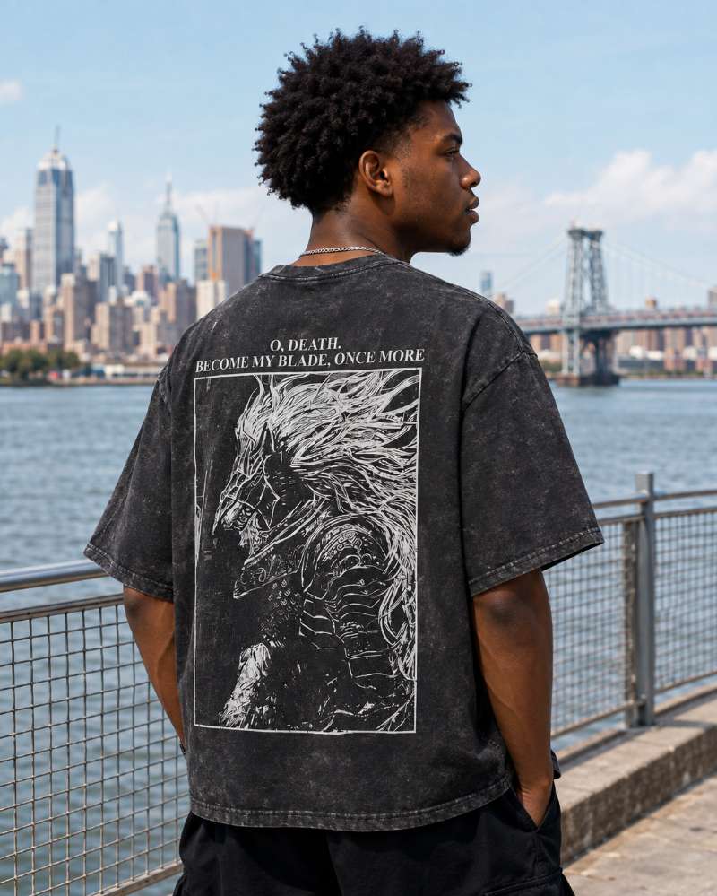 Vintage-Washed Short-Sleeve T-Shirt | Elden Ring: Maliketh, the Black Blade (Double-Sided Graphic Print) – Unisex Oversized Fit
