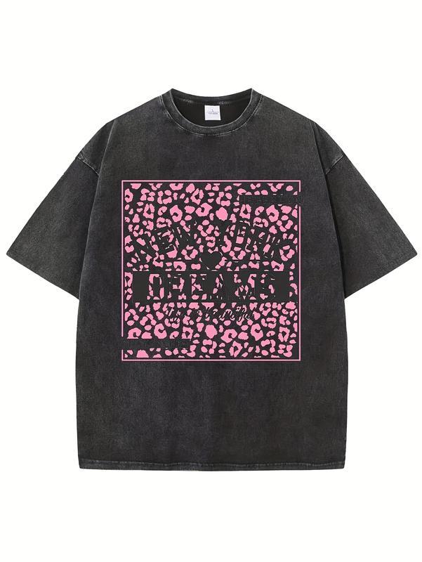 Couples Vintage Washed Print T Shirt Pink Leopard Pattern Graphic Crew Neck Short Sleeve Oversized Relaxed Fit Boxy Hem Design