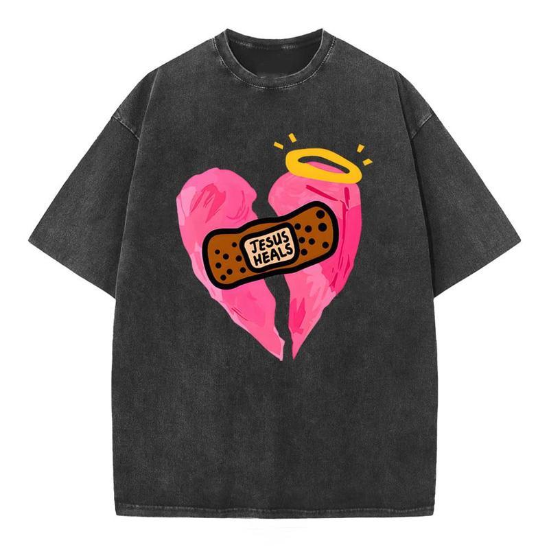 Jesus Heals Unisex Vintage Washed Crew Neck Tee Regular Fit Casual Comfort Breathable Short Sleeve Funny T-shirts for Summer Fashion Men&Women's Top for Daily Wear 080504