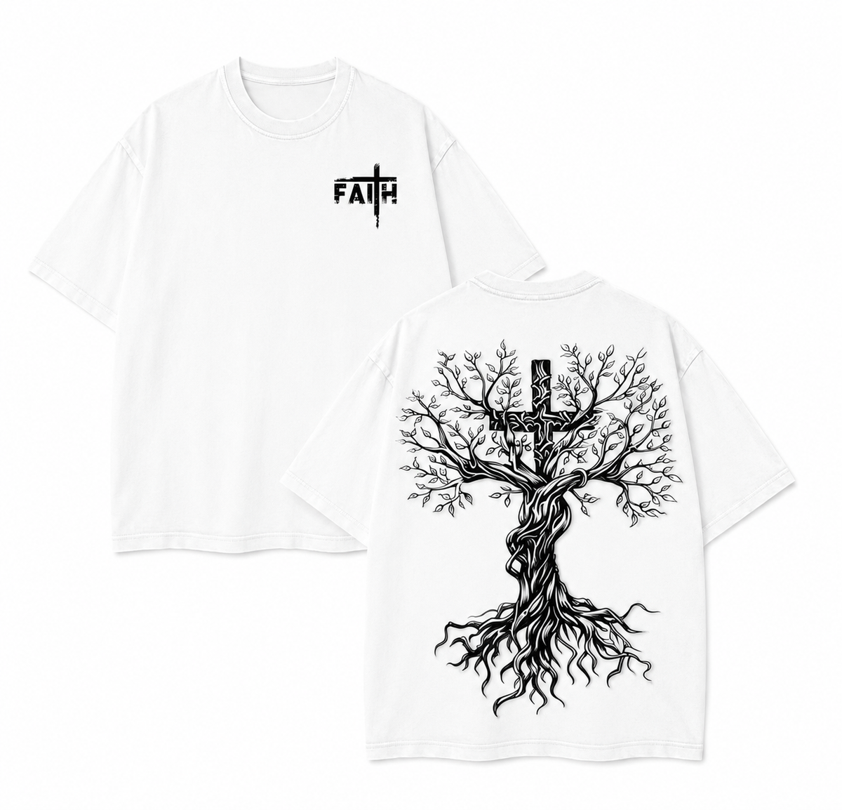 American-style acid-washed distressed Tree of Life cross FAITH short-sleeved T-shirt with front and back print, heavyweight vintage wash, oversized, unisex.