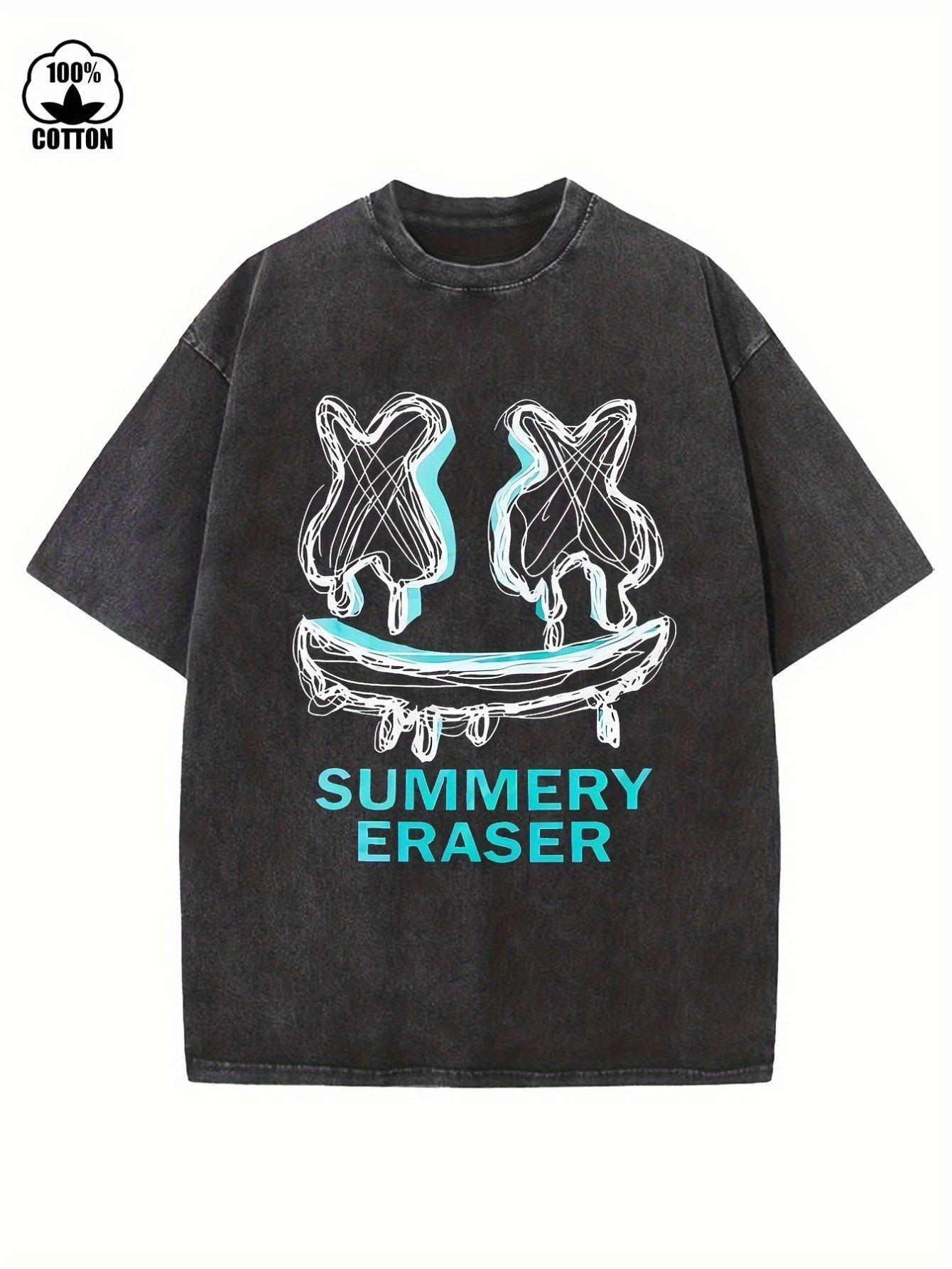 SUMMERY ERASER Men'S Heavyweight 100% Oversized T-Shirt - Vintage Washed Blue Streetwear Tee with Eraser & Ice Drop Graphic, Breathable Summer Shirt for Outdoor, Beach & Casual Wear, Loose Fit Round Neck All-Season
