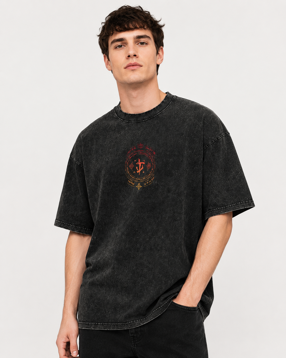 American-style acid-washed distressed DOOM game print short-sleeved T-shirt, heavyweight retro wash, oversized, loose fit, unisex.