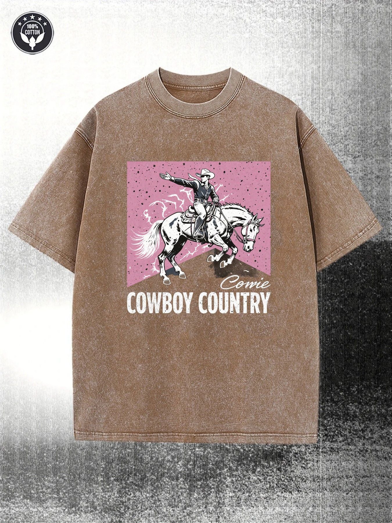 Men's Retro Washed Black 230gsm Heavy Western Cowboy Pattern Print, Pink Horse Knight and Cowboy Country Letter, Street Style Short Sleeve Crew Neck Casual, Suitable for Country Music Festival and Casual Wear