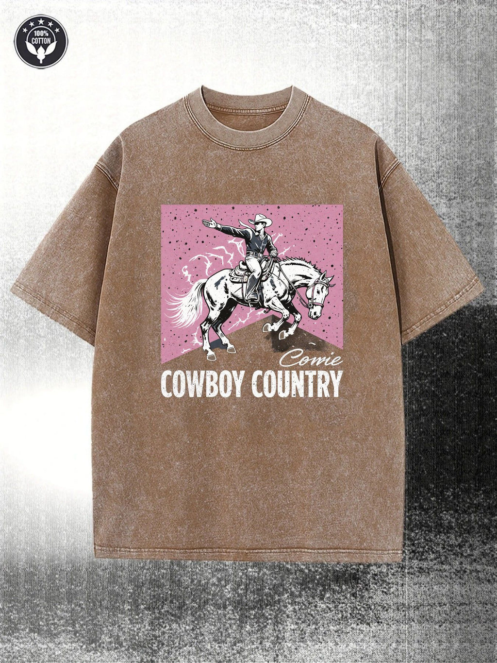Men's Retro Washed Black 230gsm Heavy Western Cowboy Pattern Print, Pink Horse Knight and Cowboy Country Letter, Street Style Short Sleeve Crew Neck Casual, Suitable for Country Music Festival and Casual Wear