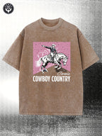 Men's Retro Washed Black 230gsm Heavy Western Cowboy Pattern Print, Pink Horse Knight and Cowboy Country Letter, Street Style Short Sleeve Crew Neck Casual, Suitable for Country Music Festival and Casual Wear
