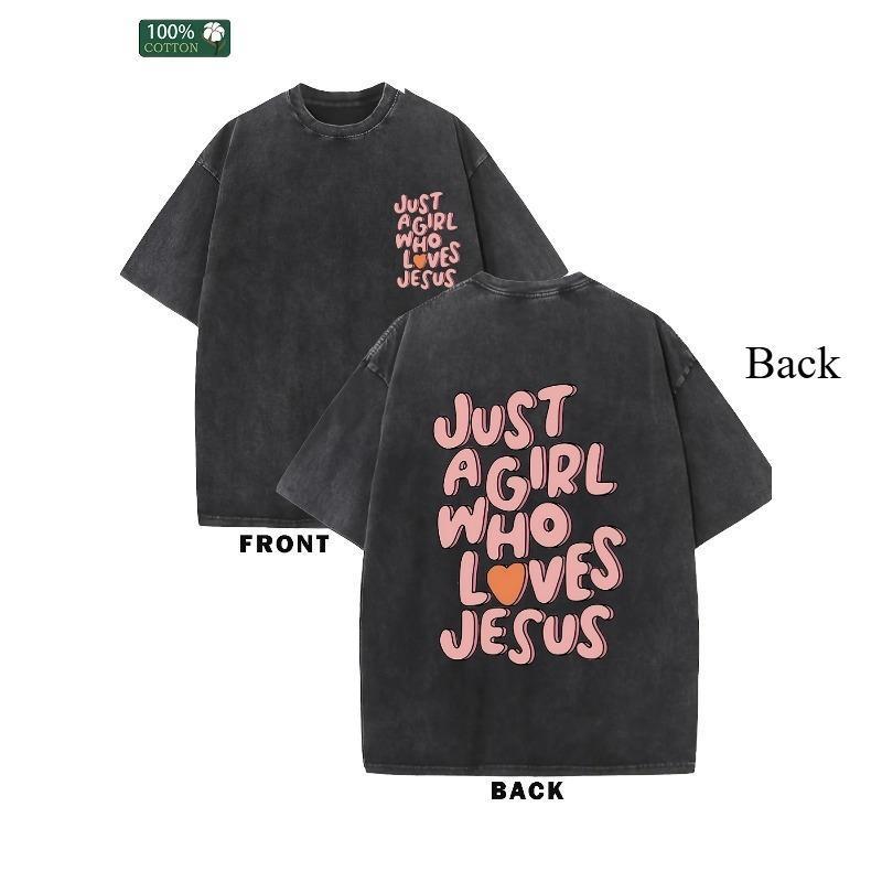 Couples Vintage Washed Print T Shirt Just A Girl Who Loves Jesus Pink Lettering Heart Detail Crew Neck Short Sleeve Oversized Relaxed Fit Rounded Hem Graphic Tee