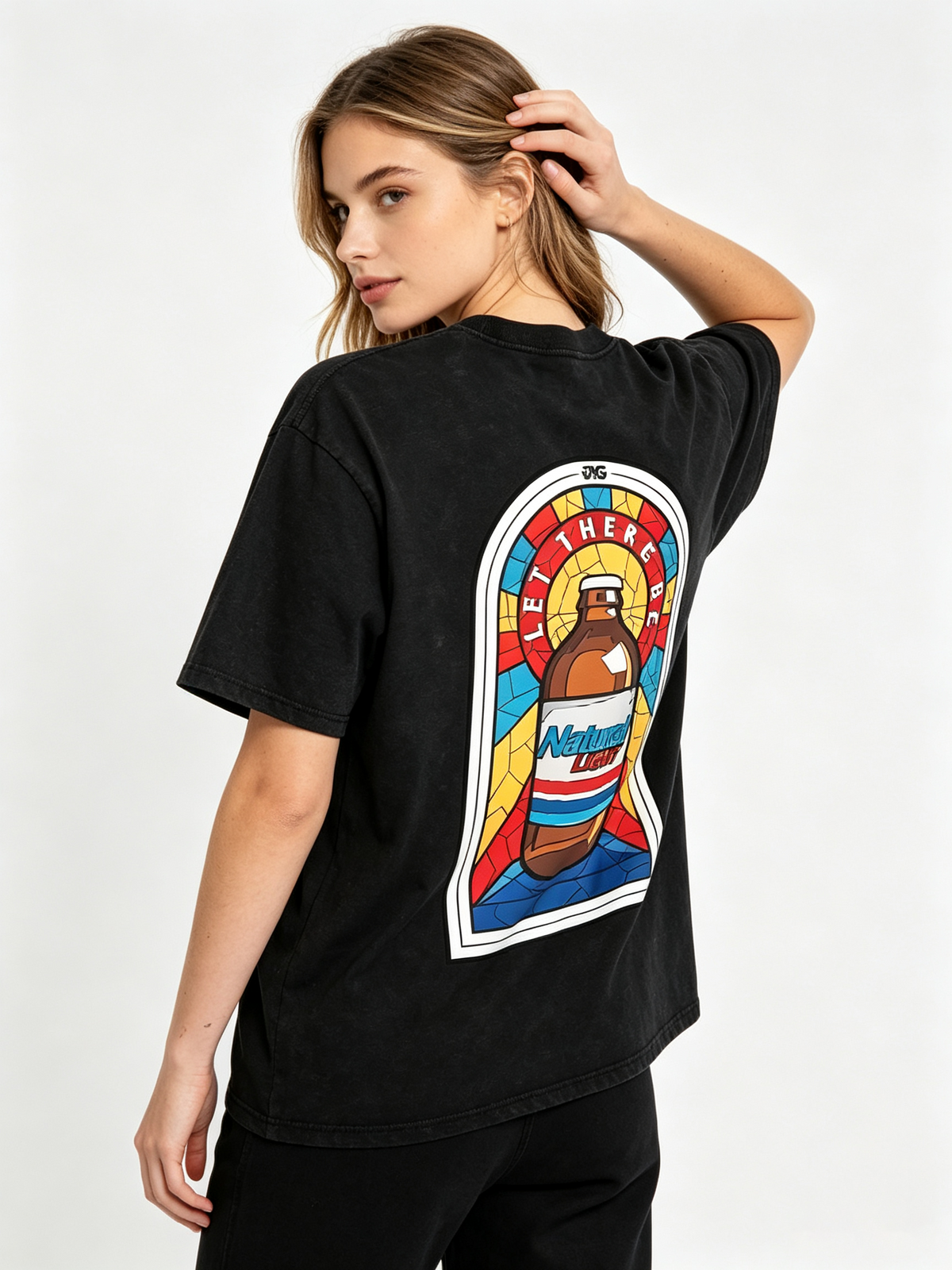 "Vintage Beer Bottle" Double-Sided Print Short-Sleeve T-Shirt – Heavyweight Pure Cotton Oversized Streetwear Tee for Women