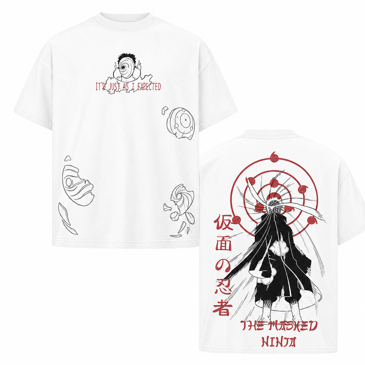 Vintage-Wash Short-Sleeve T-Shirt | Naruto Obito Mask & Ninja Double-Sided Print | Japanese Anime Style | Oversized Unisex Fit