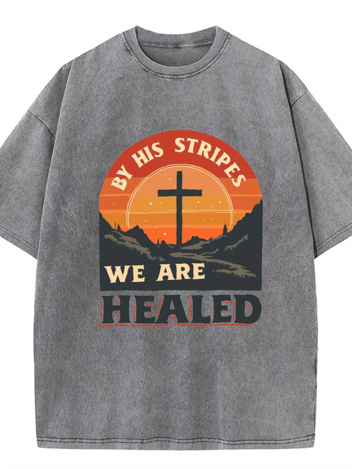 Local Delivery Vintage Loose, Washed Black Cross Sunset Print Pattern with Text 'Because of His Scourge We Are Healed', Suitable for Everyday Casual Scenes. Street Style, Weekend Outfit, Unique Shirt, Graphic, Breathable Material, Comfortable