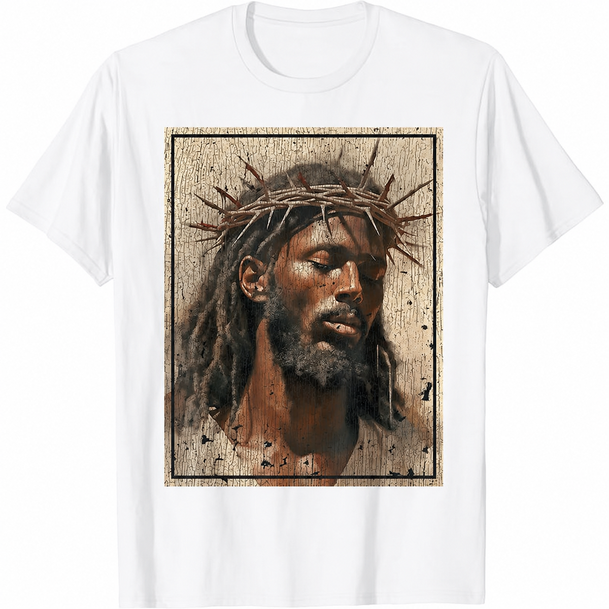 Vintage-Wash Short-Sleeve T-Shirt | Oversized Unisex Fit – Distressed Print Featuring "Black Jesus" with Crown of Thorns