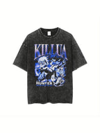 Couples Vintage Washed Print T Shirt Killua Hunter Anime Graphic Blue Tone Crew Neck Short Sleeve Regular Fit Straight Hem Design